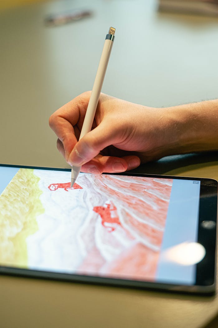 Close-up of hand drawing on tablet screen with stylus, showcasing digital artistry.